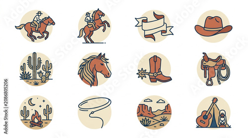 Western cowboy icons and symbols illustration set.