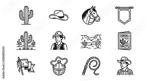 Bild auf Leinwand Western cowboy icons and symbols line art collection.