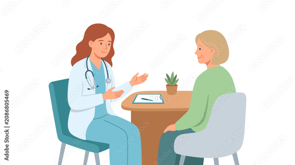 Fototapeta premium Doctor consulting with patient in office with stethoscope and chart on desk