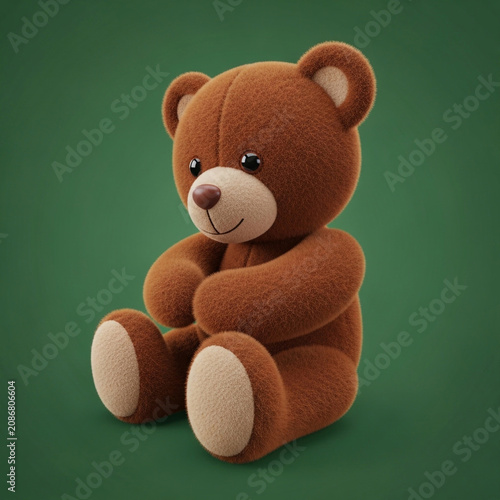 Cuddly Brown Teddy Bear Sitting on Green Background