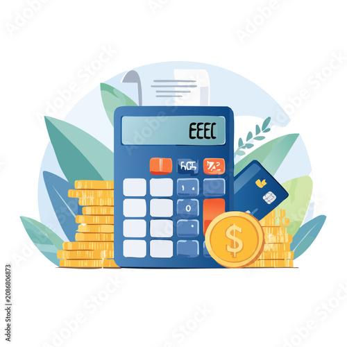 Calculator, Coins, Credit Card and Receipt