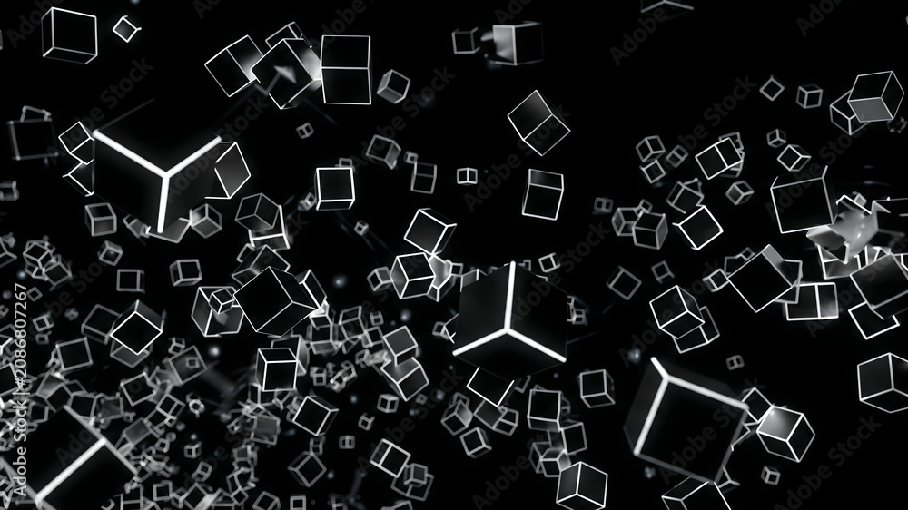 Fototapeta premium Abstract 3D floating wireframe cubes on black background