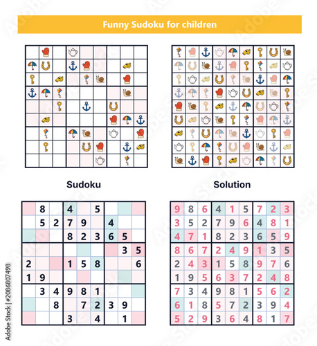 Set Funny Sudoku puzzle for children with solution and colorful icons  sudoku_classic_medium