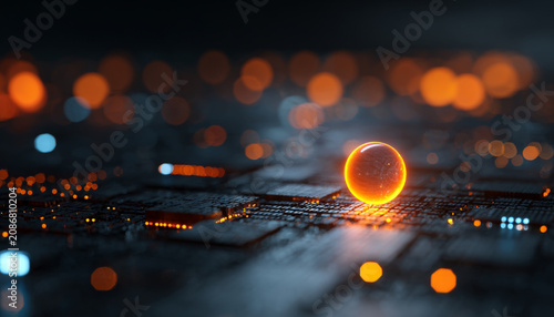 Dynamic illuminated sphere resting on an abstract digital grid with glowing patterns and vibrant colors in a captivating futuristic scene
