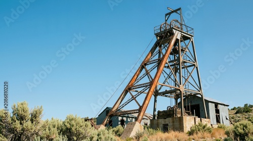 Rusty steel headframe and abandoned buildings at an old mine shaft. Historical industrial mining ruins in a dry scrubland landscape