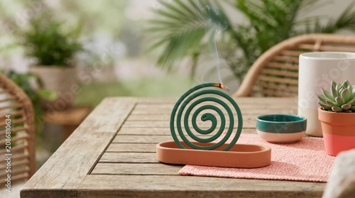 Burning green mosquito coil emitting smoke on a wooden outdoor table. Summer patio setting with insect repellent spiral in terracotta holder