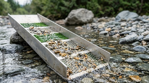 Metal prospector sluice box with gravel in a flowing stream. Traditional gold mining equipment in a rocky riverbed
