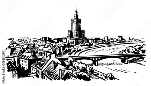 Cuadro en lienzo warsaw city skyline with palace of culture and science in hand drawn sketch styl