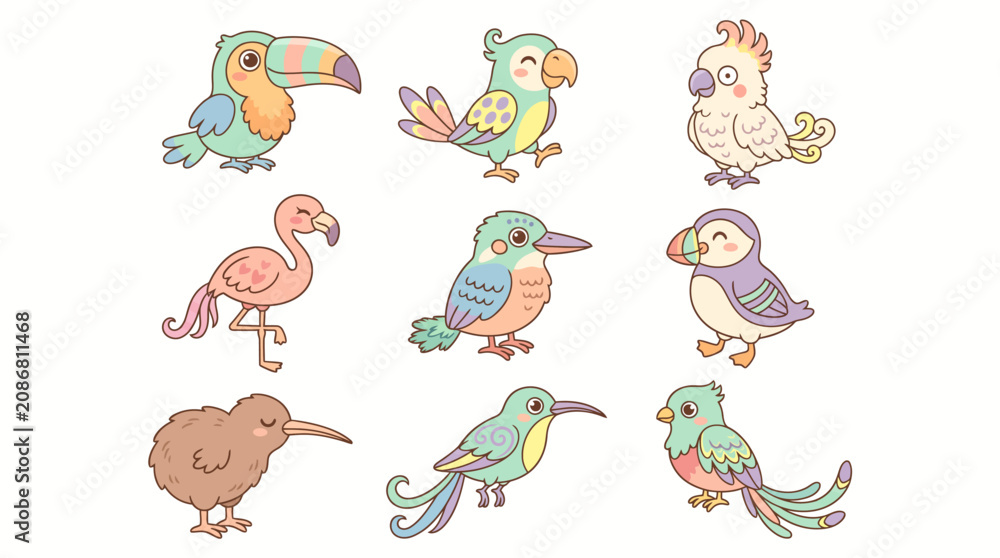 Fototapeta premium Cute Tropical Birds Collection Vector Set with Flamingo Toucan and Parrot Characters