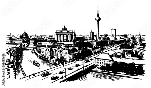 Berlin cityscape with Brandenburg Gate and TV Tower hand drawn sketch vector illustration