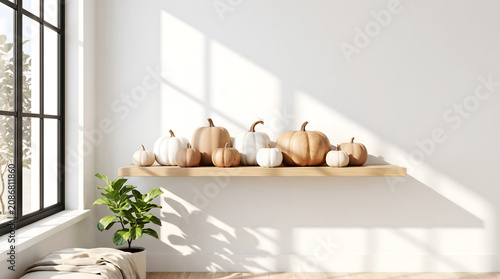Scandinavian interior mockup with autumn pumpkins on wooden shelf