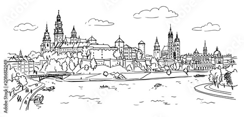 Obraz na płótnie krakow city skyline with wawel royal castle in hand drawn sketch style