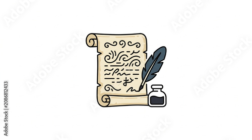 Vintage Scroll Quill Inkwell Illustration.