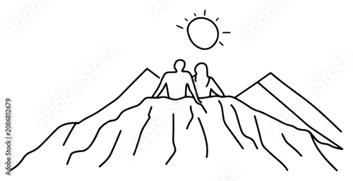 Fotografie young couple sitting on mountain peak watching sun in minimalist line art style