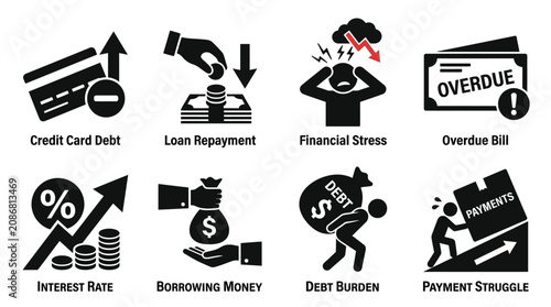 Personal finance debt vector illustration with credit card debt, loan repayment, financial stress, overdue bill, interest rate, borrowing money, debt burden, payment struggle icons, isolated economic 