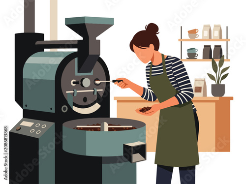 Canvas Print Flat style vector illustration of female barista operating coffee roasting machine with fresh beans in specialty café