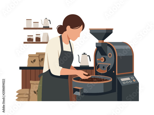 Εκτύπωση καμβά Flat style vector illustration of female barista operating coffee roasting machine with fresh beans in specialty café