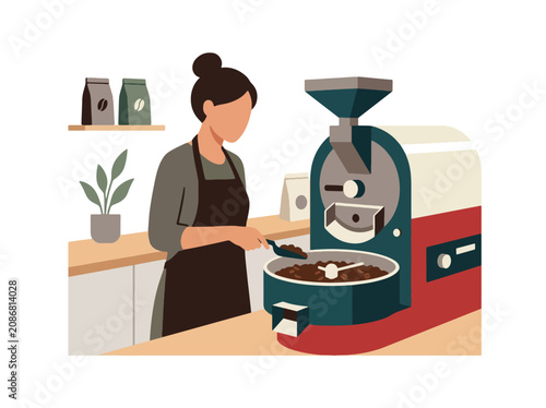 Φωτογραφία Flat style vector illustration of female barista operating coffee roasting machine with fresh beans in specialty café