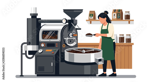 Konstfotografi Flat style vector illustration of female barista operating coffee roasting machine with fresh beans in specialty café