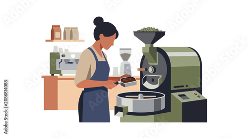 Slika na platnu Flat style vector illustration of female barista operating coffee roasting machine with fresh beans in specialty café