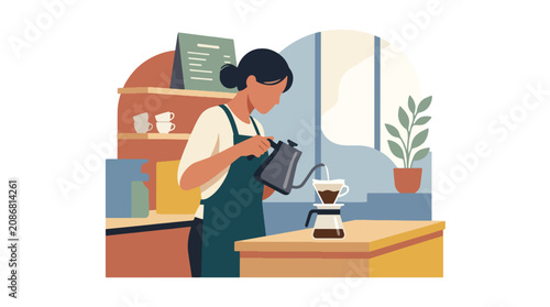 Quadro su tela Flat style vector illustration of female barista preparing pour over coffee with manual brewing method