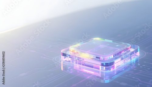 Illuminated holographic processor core set against a minimalist clean angle. Advanced computer hardware innovations. Glossy glass chip rendering bright rainbow streaks on circuit path