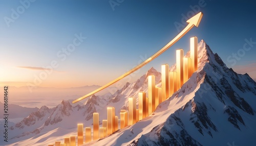 Golden financial growth bar chart climbing a high snow mountain peak. Successful corporate stock market investment target. Ascending arrow guiding profit trends toward the summit