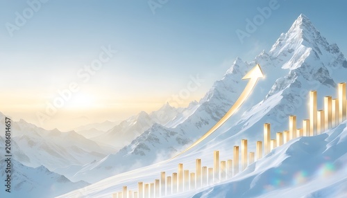 Rising golden progress bars stretching over a snowy winter mountain range. Long term strategic wealth planning objectives. Bright arrow leading economic development past snowy valleys
