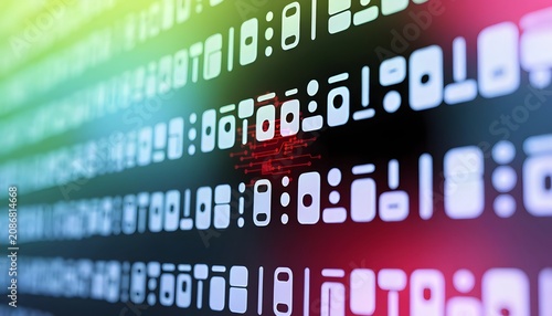 Encrypted security text matrix highlighting a red motherboard node pattern. Cyber attack detection interface network system. Digital abstract grid scanning computer binary script code
