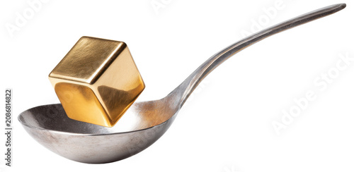 A gleaming cube of gold rests on a metal spoon, symbolizing wealth and precious material