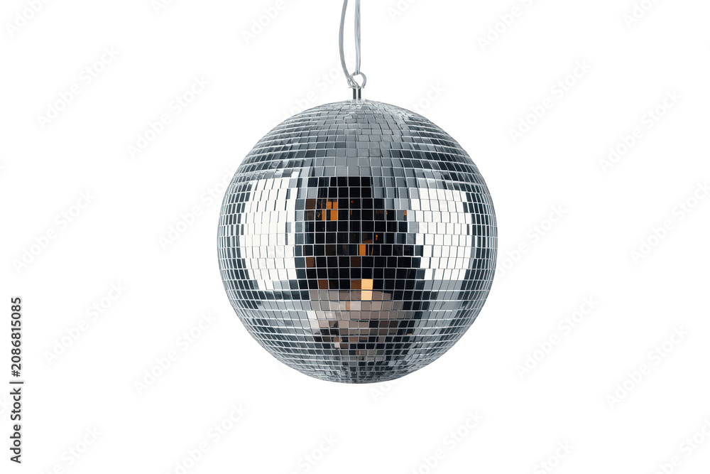 Fototapeta premium Disco ball hanging, reflecting lights, creating a party atmosphere, celebrating retro dance music event on transparent background