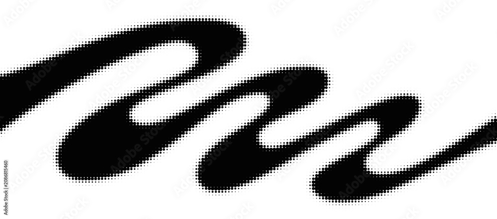 Fototapeta premium Monochrome halftone wave, dotted abstract dynamic wave, ribbon pattern. Curved line with halftone effect, dotted flud design. Minimalist vector background. Overlay backdrop template. Vector art