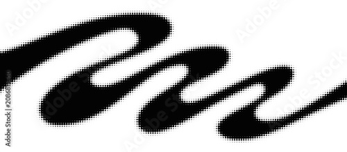 Monochrome halftone wave, dotted abstract dynamic wave, ribbon pattern. Curved line with halftone effect, dotted flud design. Minimalist vector background. Overlay backdrop template. Vector art