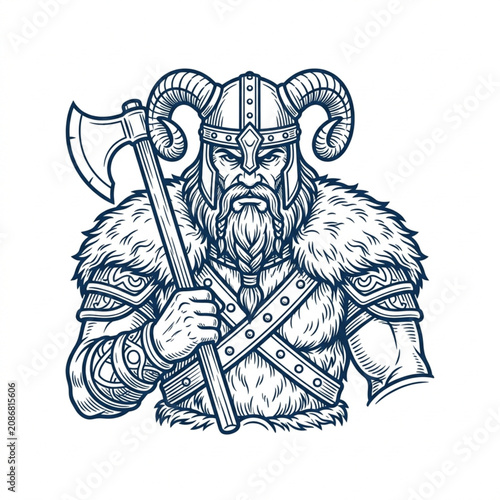 Canvastavla Viking Warrior Holding Axe Wearing Horned Helmet and Fur.