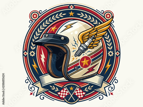 Konstfotografi Vintage Motorcycle Helmet Emblem with Winged Spark Plug and Racing Flags