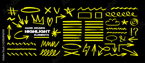 Fotografie Marker highlighters - underline strokes, marker lines, notes, arrows, brush strokes, stars, waves, circles and other
