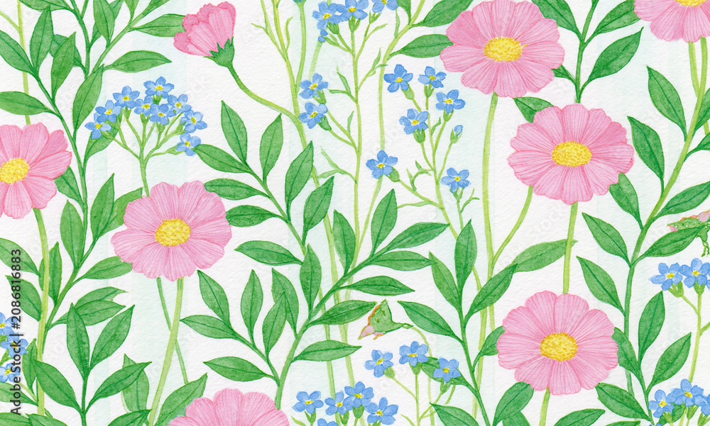 Obraz premium Delicate vines and small flower stripe pattern, soft watercolor illustration Background is white