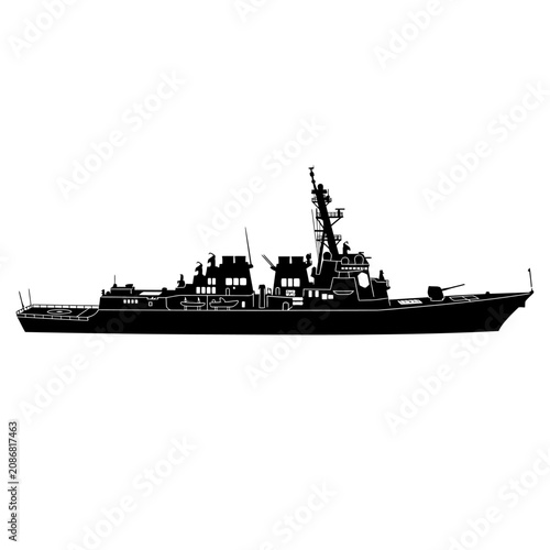 Cuadro en lienzo Warship, military vessel, naval ship, destroyer, black silhouette, vector illust