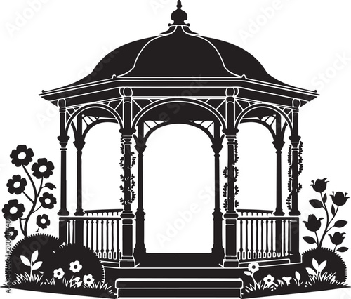 Black and White Illustration of a Garden Gazebo Structure
