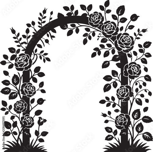 Black and White Floral Archway with Roses and Leaves