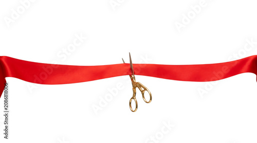 Golden Scissors Cutting Red Ribbon Isolated on Transparent Background