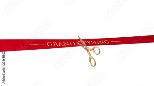Golden Scissors Cutting Red Ribbon Isolated on Transparent Background
