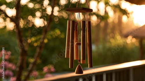 Wooden wind chimes hang outdoors, softly illuminated by warm sunlight with a blurred natural background.
