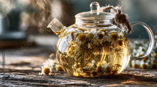 A glass teapot filled with steaming chamomile tea, surrounded by dried chamomile flowers on a rustic wooden surface, evoking warmth and relaxation.