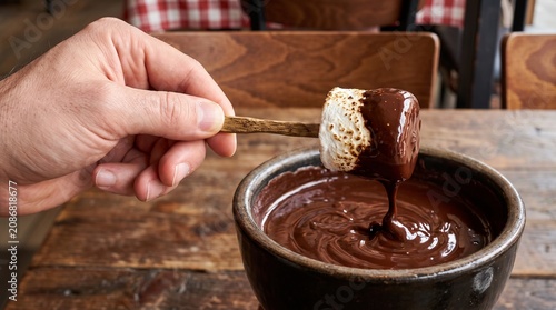 Hand dipping a toasted marshmallow into a bowl of melted chocolate dessert