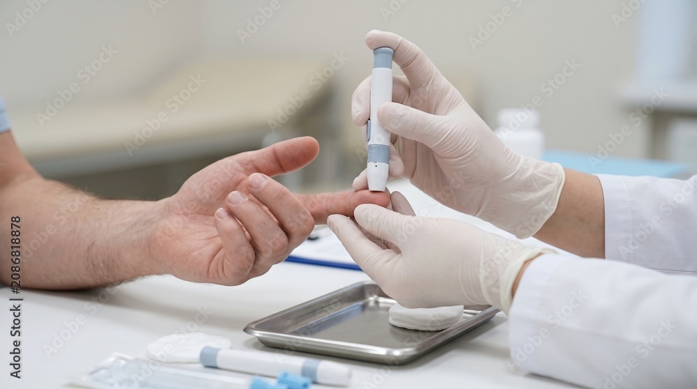 Fototapeta premium Professional doctor using a medical lancet device to prick a patient finger for blood testing