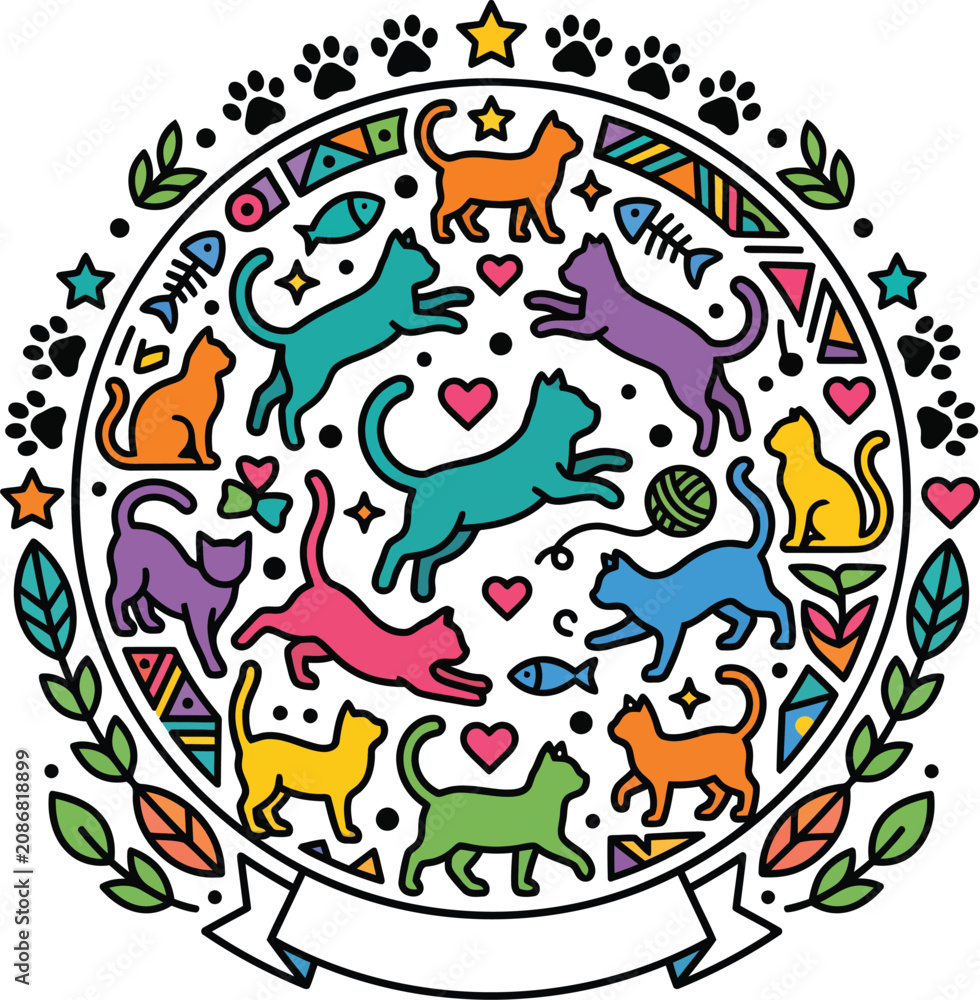 Fototapeta premium International Cat Day Cat Silhouette Composition Flat Vector Illustration Design