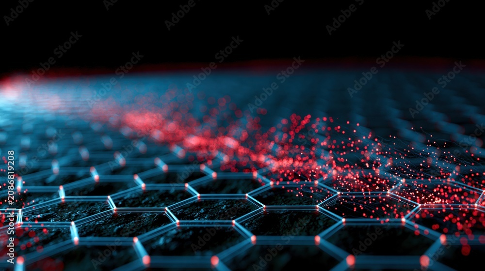 Fototapeta premium A futuristic hexagonal grid emits blue and red particle effects, creating a dynamic digital landscape with glowing, abstract technological elements.