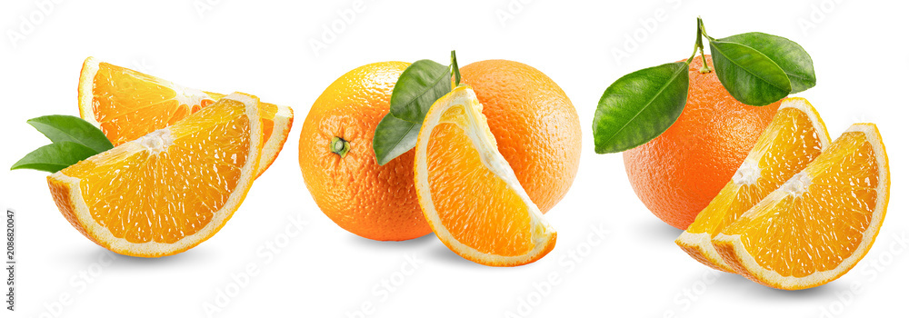 Fototapeta premium Trio of fresh orange fruit slices and whole oranges isolated on a white background