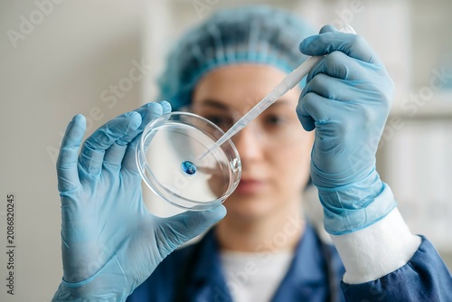 Female scientist in lab coat and gloves examining a petri dish with a pipette in a laboratory setting.